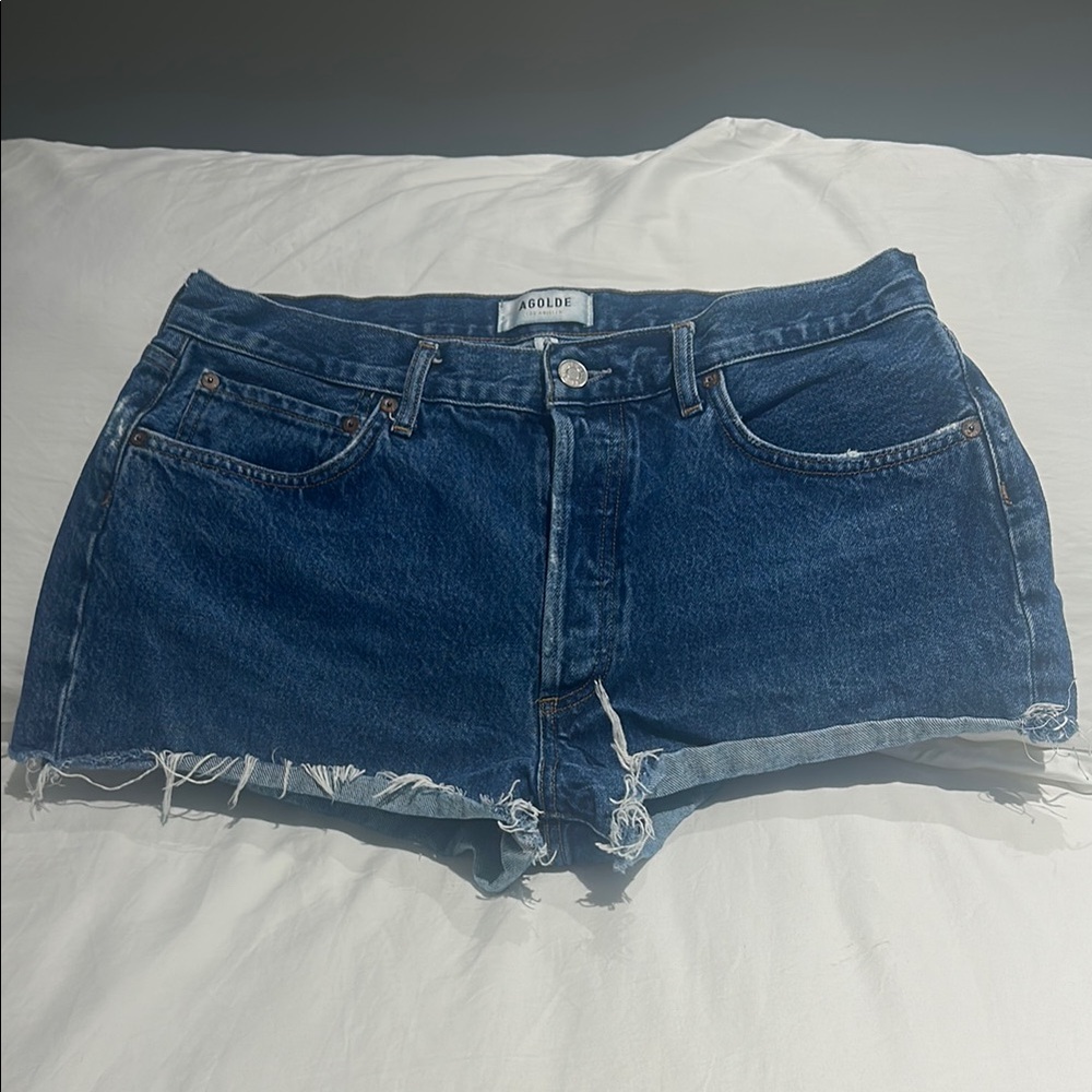 Agolde Blue Jean Shorts with Frayed Hem and Relaxed Fit